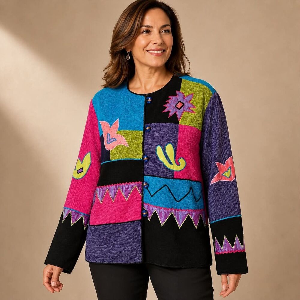 NWT Vintage 90s Allure Art-to-Wear Colorful Patchwork Jacket Sz Large Grannycore